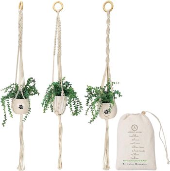 Aakriti Gallery Lot de 3 supports pour plantes/pots de fleurs en macramé – Paniers suspendus, jardinières sur pied pour intérieur, extérieur, décoration d'intérieur bohème, couleur naturelle (L 101 cm) (L 40 po) 1