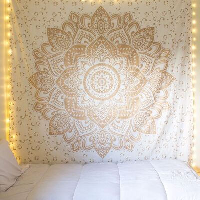 Aakriti Cotton Mandala Tapestry Wall Hanging - Bohemian Bedspread Tapestries for Living Room, Home Décor - White Golden (L 235 x W 210 Cm), (L92 x W 82 In)