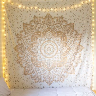 Aakriti Cotton Mandala Tapestry Wall Hanging - Bohemian Bedspread Tapestries for Living Room, Home Décor - White Golden (L 235 x W 210 Cm), (L92 x W 82 In)