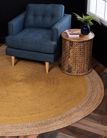 Aakriti Gallery Tapis bohème en coton fait à la main en jute pour le salon, la salle à manger, la chambre à coucher de forme ronde – Naturel avec bordure noire – (1,5 m) ou (152,4 cm) 2