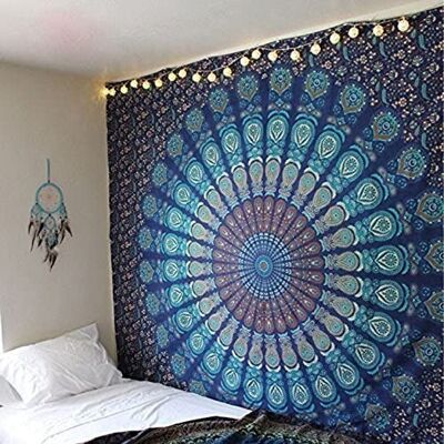 Aakriti Cotton Mandala Tapestry Wall Hanging Bohemian Bedspread, Tapestries for Living Room, Home Décor - Blue (L 210 x W 140 Cm), (L 82 x W 56 In)