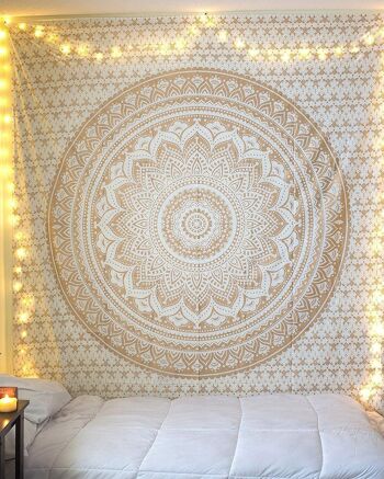 Aakriti Tapisserie murale en coton mandala à suspendre – Couvre-lit bohème pour salon, décoration d'intérieur – Blanc doré (L 235 x l 210 cm), (L92 x l 82 po) 1