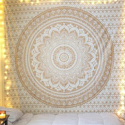 Aakriti Tapisserie murale en coton mandala à suspendre – Couvre-lit bohème pour salon, décoration d'intérieur – Blanc doré (L 235 x l 210 cm), (L92 x l 82 po)