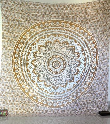 Aakriti Tapisserie murale en coton mandala à suspendre – Couvre-lit bohème pour salon, décoration d'intérieur – Blanc doré (L 235 x l 210 cm), (L92 x l 82 po) 2