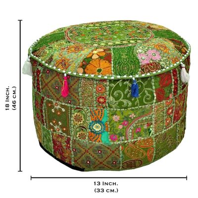 Aakriti Gallery Pouf Footstool with Embroidery Pouf, Indian Cotton, Pouf, Ottoman Pouf Cover with Ethnic Decor Art - Cover (Green)