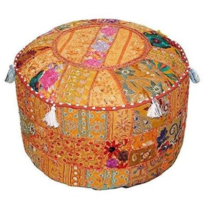 Aakriti Gallery Pouf Footstool with Embroidery Pouf, Indian Cotton, Pouf, Ottoman Pouf Cover with Ethnic Decor Art - Cover (Orange)