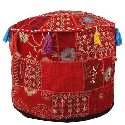 Aakriti Gallery Pouf Footstool with Embroidery Pouf, Indian Cotton, Pouf, Ottoman Pouf Cover with Ethnic Decor Art - Cover (Red)