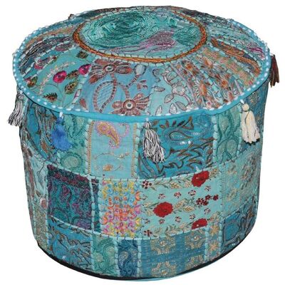 Aakriti Gallery Pouf Footstool with Embroidery Pouf, Indian Cotton, Pouf, Ottoman Pouf Cover with Ethnic Decor Art - Cover (Turquoise)