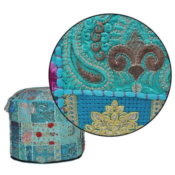 Aakriti Gallery Pouf avec broderie, pouf indien en coton, housse de pouf ottoman avec décoration ethnique – Housse (turquoise) 4