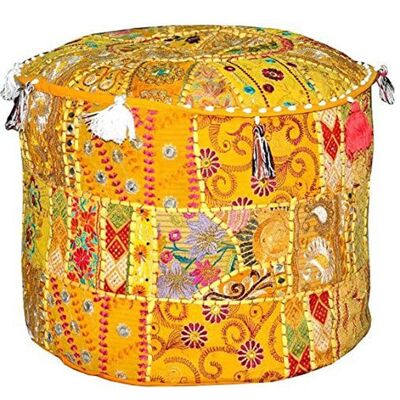 Aakriti Gallery Pouf Footstool with Embroidery Pouf, Indian Cotton, Pouf, Ottoman Pouf Cover with Ethnic Decor Art - Cover (Yellow)