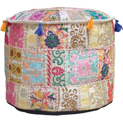 Aakriti Gallery Pouf Footstool with Embroidery Pouf, Indian Cotton, Pouf, Ottoman Pouf Cover with Ethnic Decor Art - Cover (Beige)