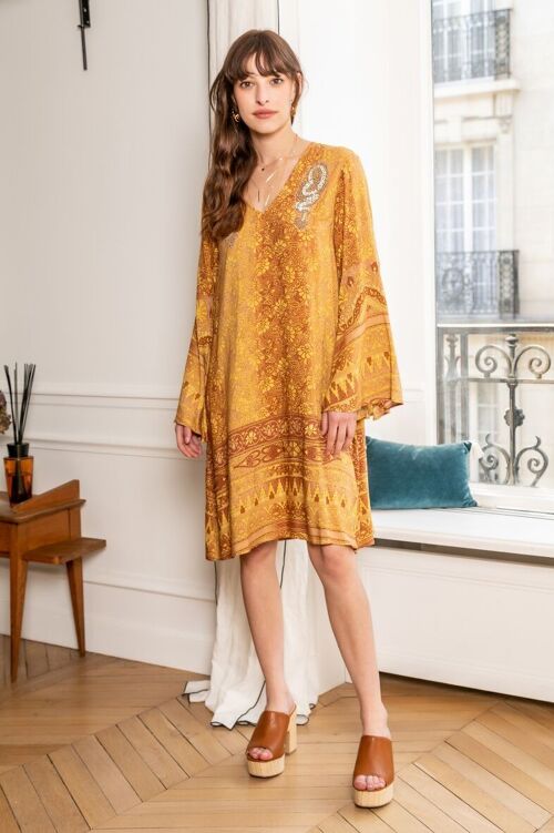 Robe tunique  à imprimé bohème avec broderie