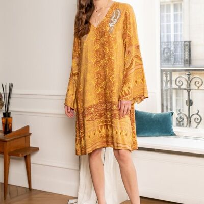 Bohemian print tunic dress with embroidery