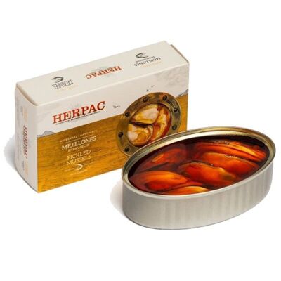 Beautiful pieces of canned escabeche mussels