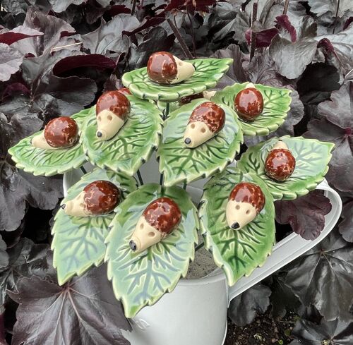Ceramic Hedgehog on leaf/Large, ceramic leaf on stem