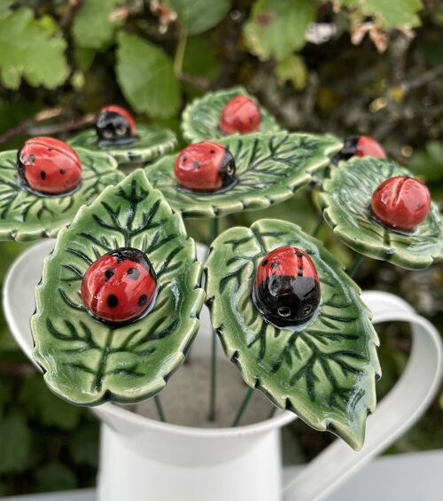 Ceramic Ladybird on leaf, Ceramic flower on stem
