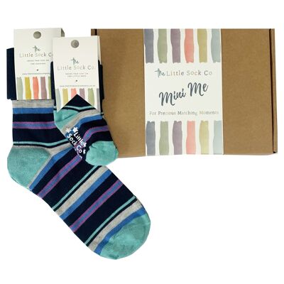 Mini Me Coffret cadeau de chaussettes assorties pour adultes et enfants en famille à rayures bleu marine – Le cadeau d'anniversaire ou de Noël parfait