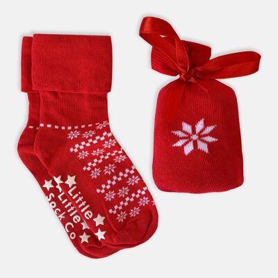Rutschfeste Schneeflocken-Socken in einer lustigen Tasche – perfekt für Weihnachten