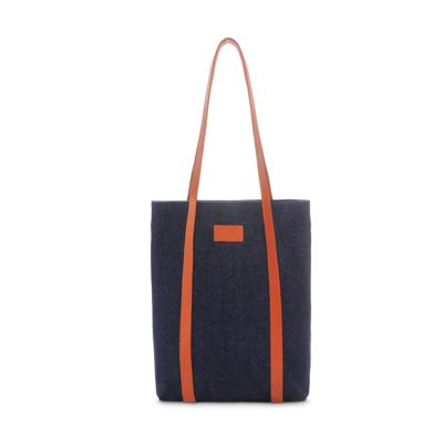 The Tote - Recycled denim tote bag with orange leather finish