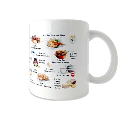 Eine sehr englische Alphabet-Tasse mit der Aufschrift „Essen & Trinken“.