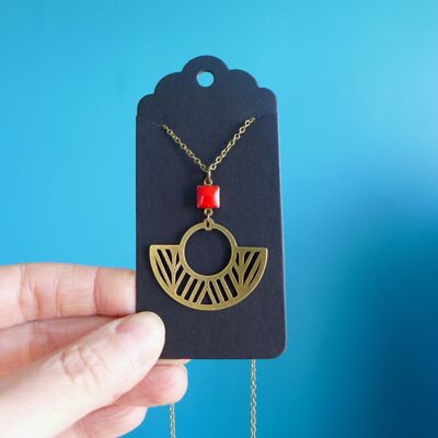 Grafische Art-Déco-Halskette „Dschungel“ aus Bronze und roter Emaille