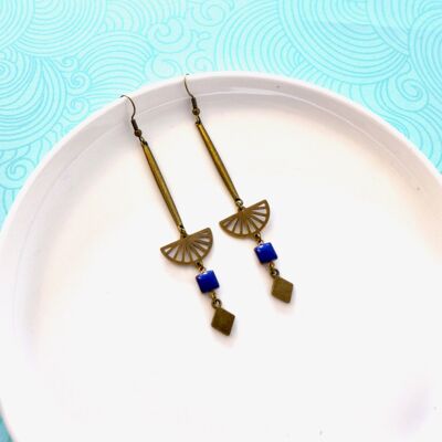 Long royal blue Art Deco graphic earrings