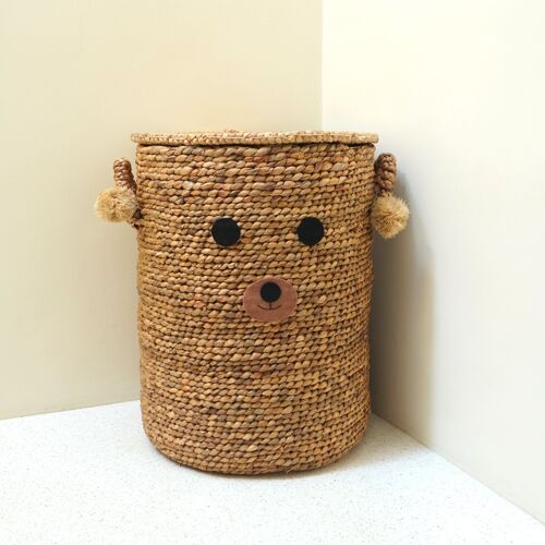 Wäschekorb für Kinder mit Teddybären Gesicht KIYOWO aus Wasserhyazinthe Geflochtener Korb mit Deckel