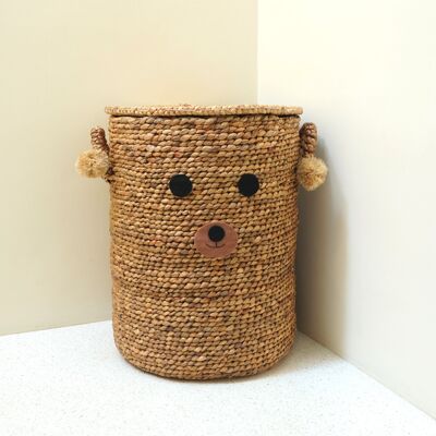 Laundry basket for children with teddy bear face KIYOWO made of water hyacinth woven basket with lid