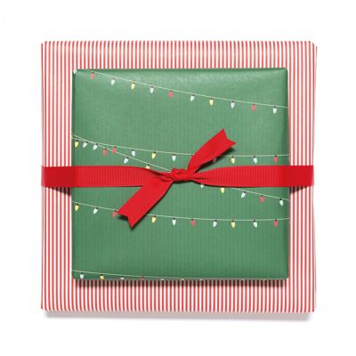 Wrapping paper "chain of lights" and stripes in green and red - printed on both sides on 100% recycled paper