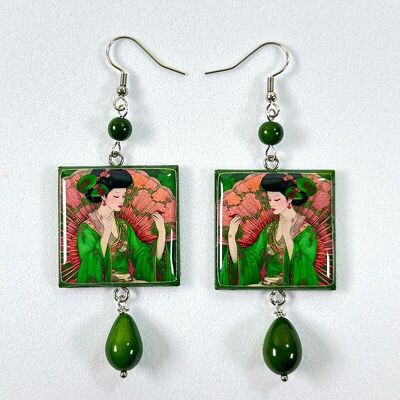 Boucles d'oreilles en bois Geisha verte