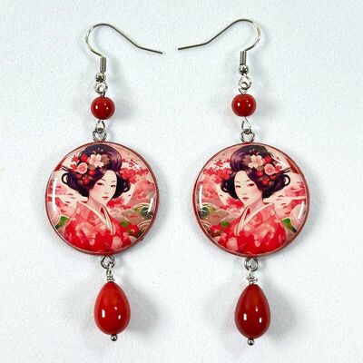 Red Geisha wooden earrings