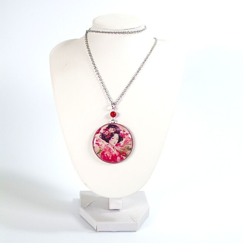 Medaglione in legno  Geisha rossa