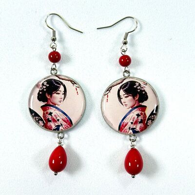 Boucles d'oreilles en bois Geisha argentées et rouges