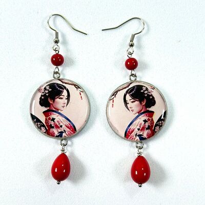 Silver and red Geisha wooden earrings