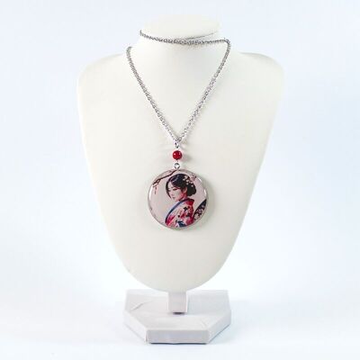 Médaillon en bois Geisha argenté et rouge