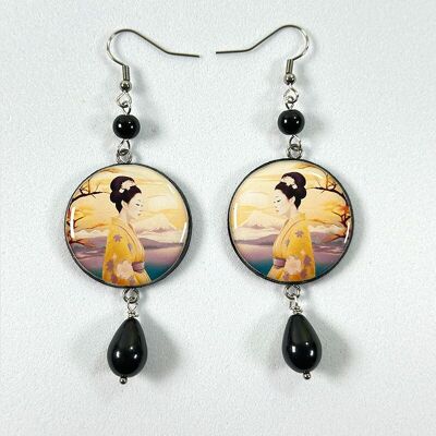 Yellow and black Geisha wooden earrings