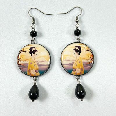 Pendientes de madera y resina - Geisha amarilla y negra