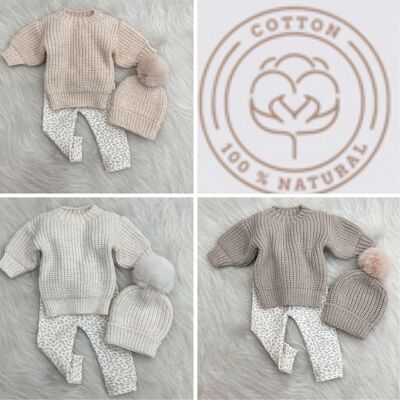 Una confezione da quattro misure, set da ragazza in maglia grossa, 100% cotone, design leopardato, 3 pezzi, 0-12 mesi