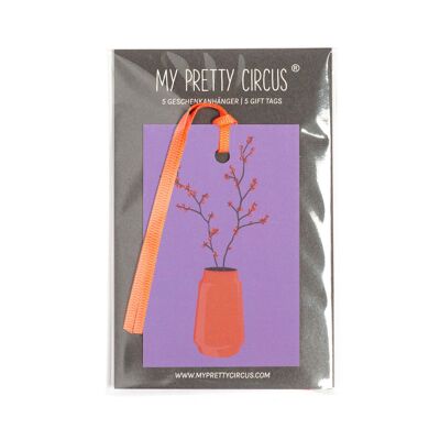 Étiquettes cadeaux "Ilex" - lot de 5 avec buissons de houx dans des vases rétro rouges devant violet et ruban assorti - papier 100% recyclé