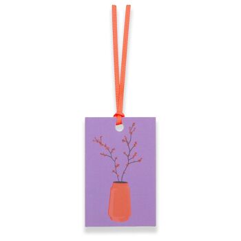 Étiquettes cadeaux "Ilex" - lot de 5 avec buissons de houx dans des vases rétro rouges devant violet et ruban assorti - papier 100% recyclé 3