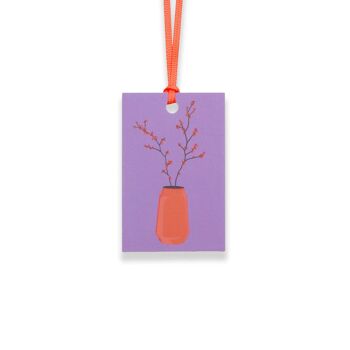 Étiquettes cadeaux "Ilex" - lot de 5 avec buissons de houx dans des vases rétro rouges devant violet et ruban assorti - papier 100% recyclé 4