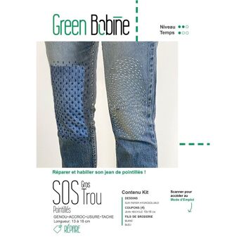 Kit  Broderie & Réparation SOS Gros Trou Pointillés Spécial Jean, pour réparer facilement trous, accrocs, taches, zones d'usure sur de grosses surfaces et personnaliser de façon esthétique tous vos jeans  ! Pour toute la famille, pour tous les ages ! 2