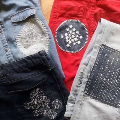 SOS Big Hole Embroidery & Repair Kit Step by Step, Special for beginners, to easily repair holes, tears on large surfaces and creatively personalize all your clothes by making patches! For young and old!