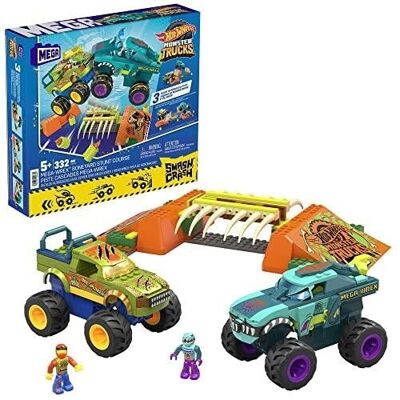 Mattel - HKF89 - MEGA Hot Wheels - Monster Trucks Bone Springboard Clash and Crash Building set que contiene 332 piezas y 2 minifiguras articuladas