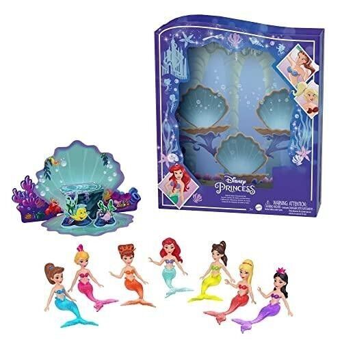Mattel - HLW96 - Disney Princesses - Coffret Livre d’Histoires Ariel et Ses sœurs, avec 7 Mini-poupées sirènes, Figurines et Accessoires, Jouet Enfant, Dès 3 Ans