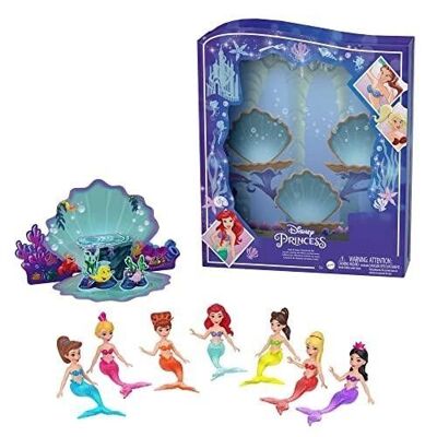 Mattel – HLW96 – Disney-Prinzessinnen – Märchenbuch-Set „Arielle und ihre Schwestern“, mit 7 Mini-Meerjungfrau-Puppen, Figuren und Zubehör, Kinderspielzeug, ab 3 Jahren
