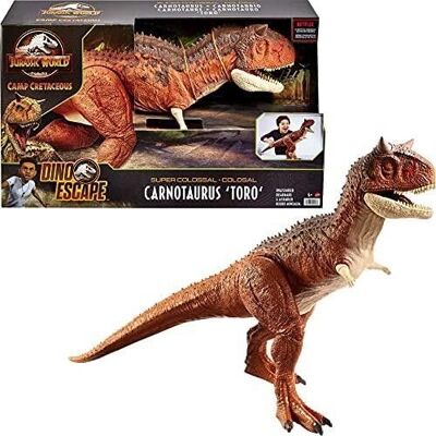 Mattel - HBY86 - Jurassic World - FIGURA DINOSAURIO - CARNOTAURUS TORO SUPER COLOSSAL - Figura articulada grande de 91 cm de largo, juguete para niños