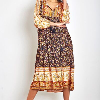 Long tunic shirt dress in floral print with straps decorated with bells