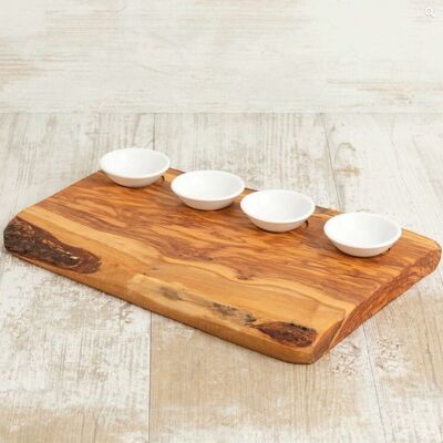 Planche à boissons avec 4 plats - Planche à tapas - Bois d'olivier - 35x23x2,5 cm - Fait main en Italie - Planche de service - Planche à fromage