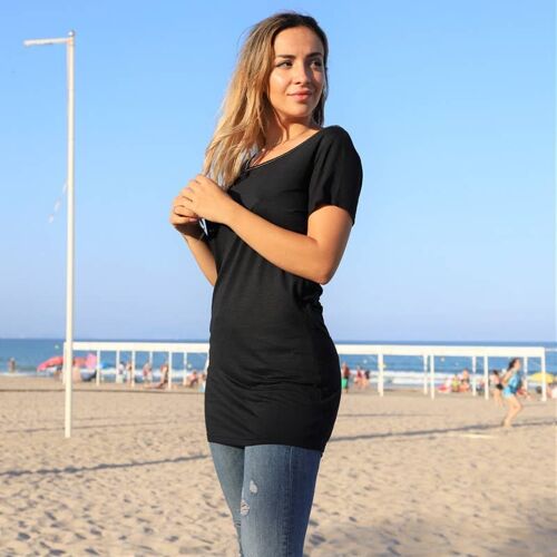 Essential, Black T-Shirt In Flamed Bamboo And Viscose Fabric